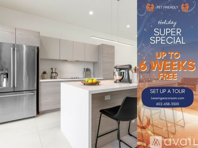 A modern kitchen with a holiday special offer for a pet-friendly lease.