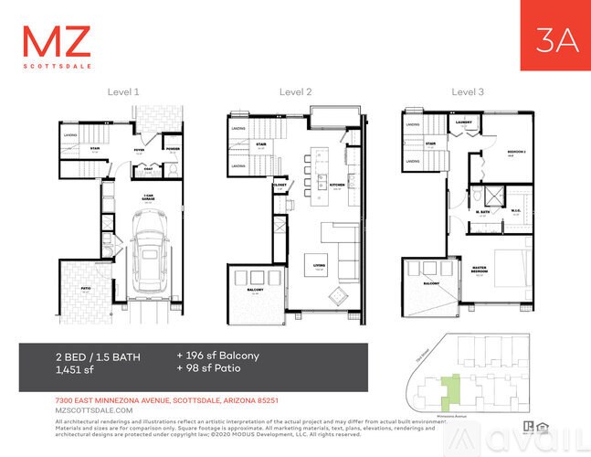 A floor plan for a three-level apartment with a garage and a balcony.