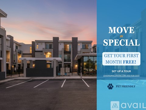 A modern building with a sign offering a free first month for a move-in special.