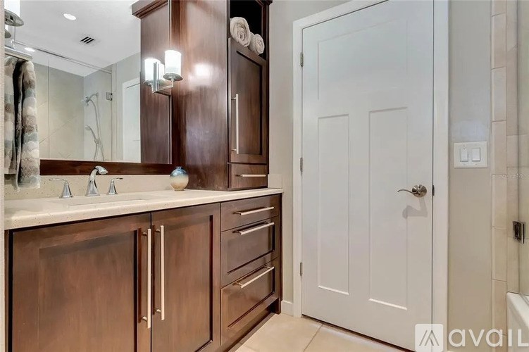 A bathroom with a white door and brown cabinets.