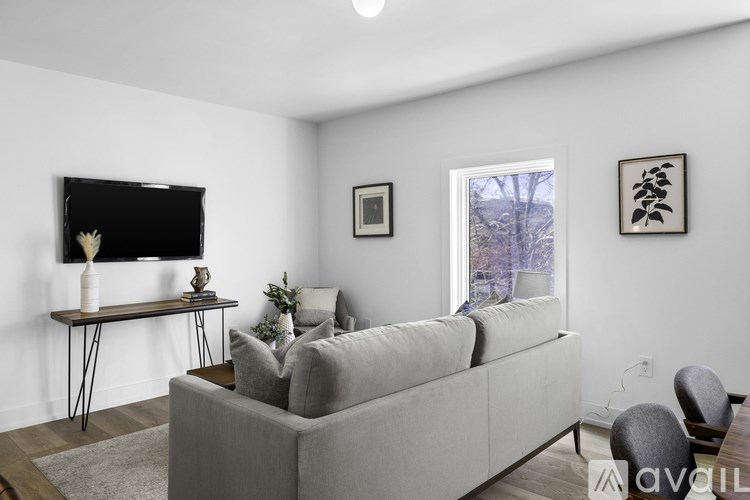 A living room with a grey couch, a black television, and a window showing trees outside.