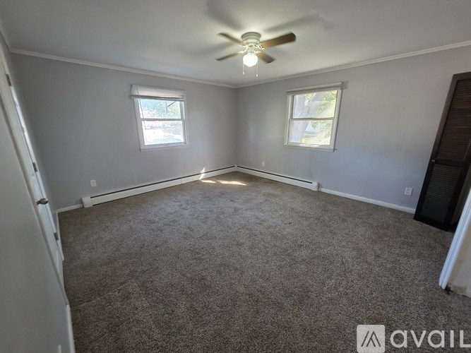 A room with a carpeted floor, a ceiling fan, and two windows.
