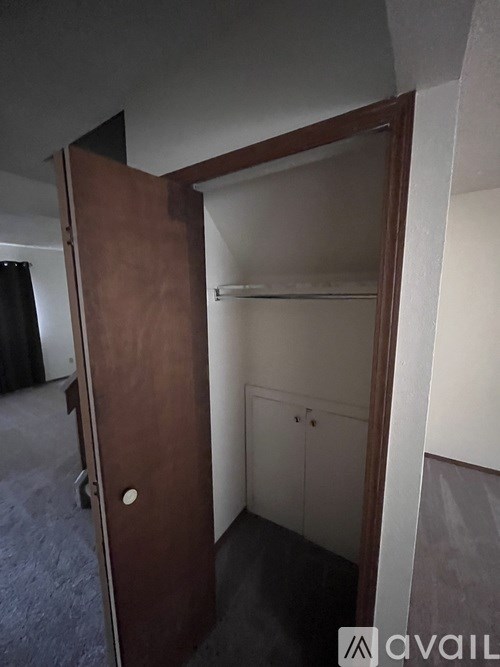 A room with a brown door and a carpeted floor.