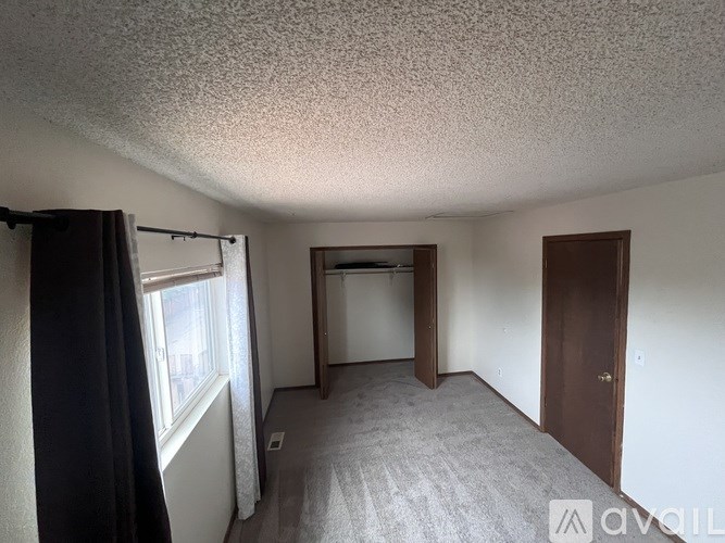 A room with a carpeted floor, a window with curtains, and a door.