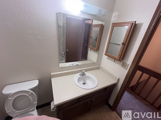 A bathroom with a toilet, sink, and mirror.