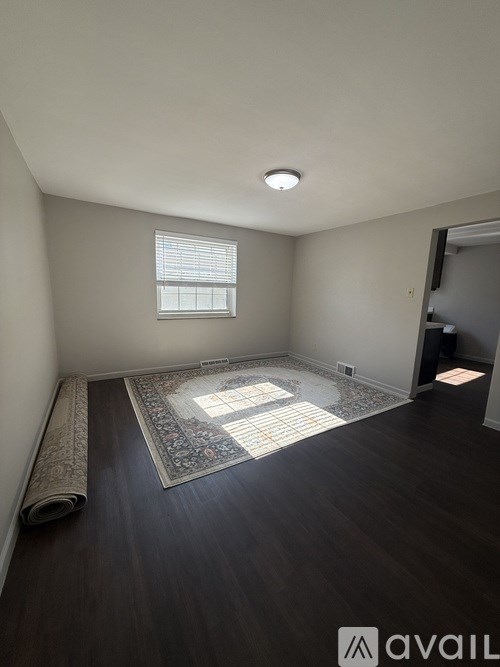 A room with a rug on the floor and a window with blinds.