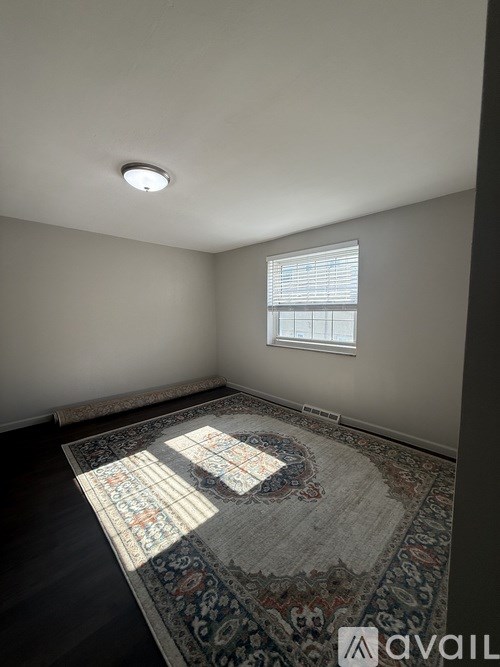 A room with a rug on the floor and a window with blinds.