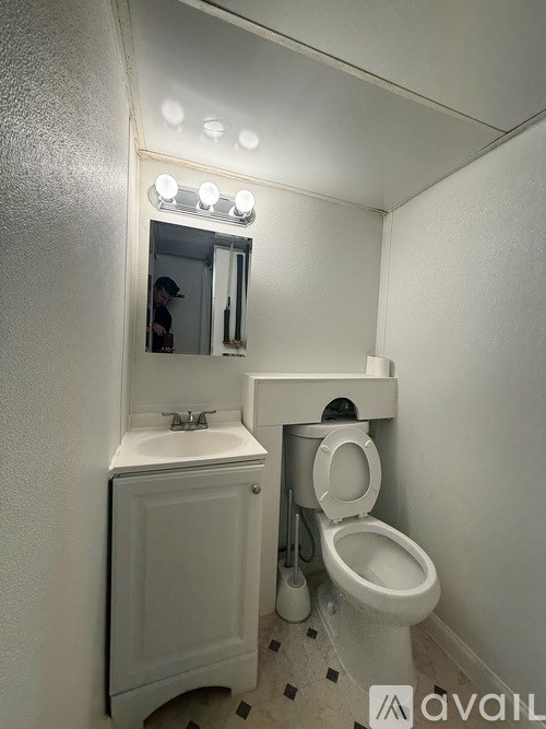 A bathroom with a toilet, sink, and mirror.