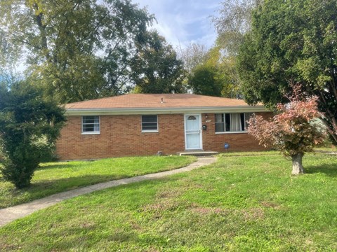 A brick house with a white door and windows surrounded by greenery.