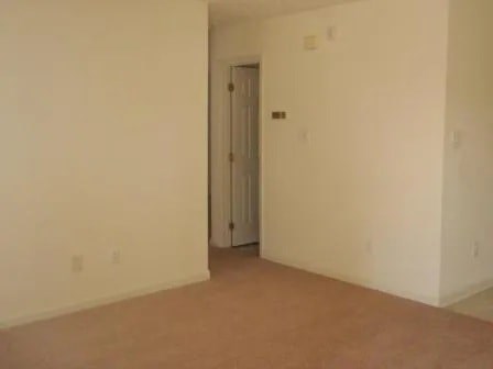 A room with a brown carpet and a white door.