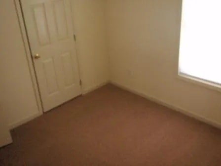 A room with a brown carpet and a white door.