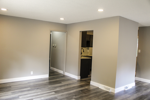 A room with a wooden floor and a white ceiling with a door and a cabinet.