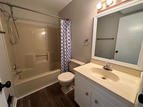 A bathroom with a toilet, sink, and shower.