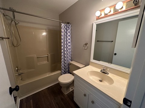 A bathroom with a toilet, sink, and shower.