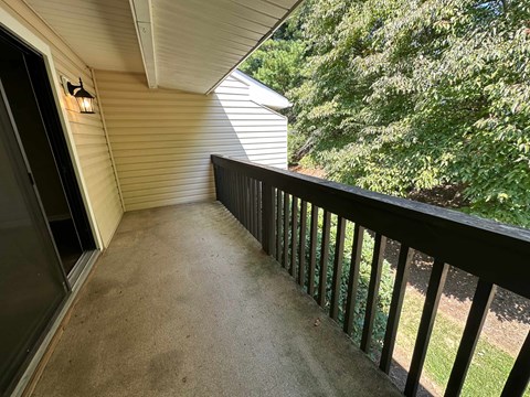 A balcony with a black railing and a view of a tree.