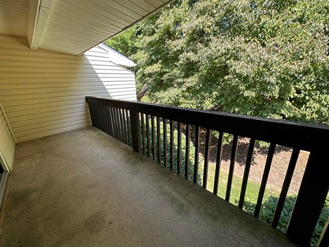 A balcony with a black railing and a view of trees.