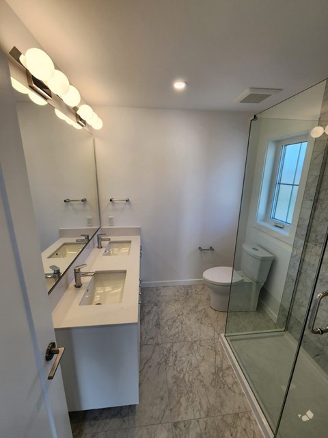 A bathroom with a walk in shower and a toilet.