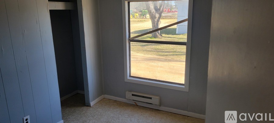 A room with a window showing a tree outside.