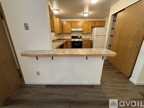 A kitchen with a countertop and cabinets.