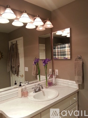 Lavender flowers in a vase on a bathroom sink.