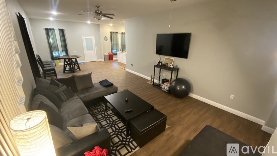 A living room with a black couch, a television, and a ceiling fan.
