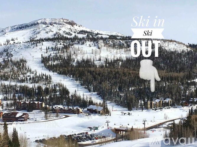 A ski resort with a mountain in the background and a sign that says "Ski in Ski Out".