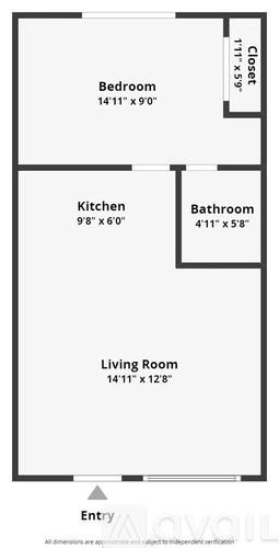 A floor plan of a room with a bedroom, kitchen, bathroom and living room.