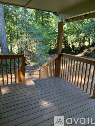 A wooden deck with railings overlooks a forest.