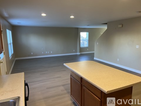 A kitchen with a countertop and cabinets is available for rent.