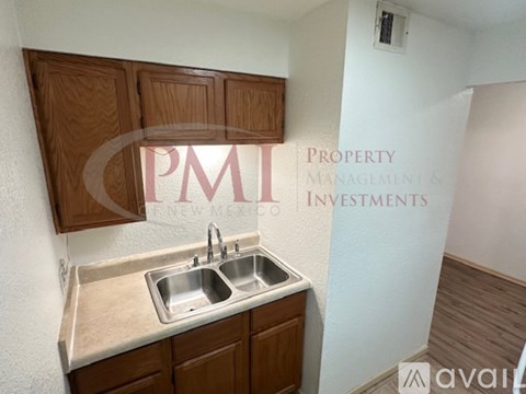 A kitchen area with a sink and cabinets.