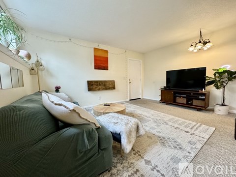 A living room with a green couch and a television.