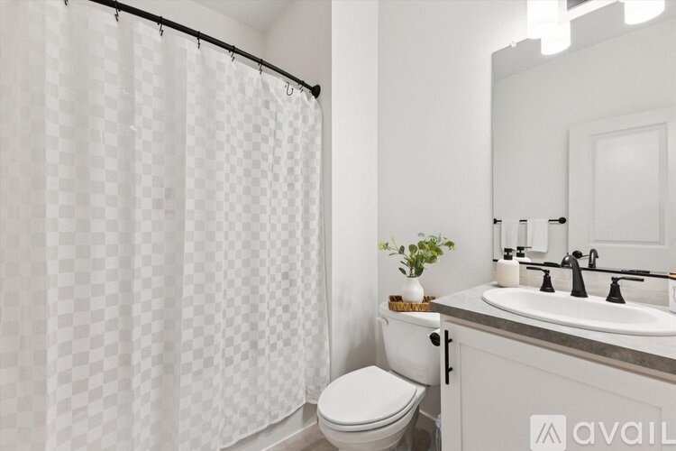 A bathroom with a toilet, sink, and shower curtain.