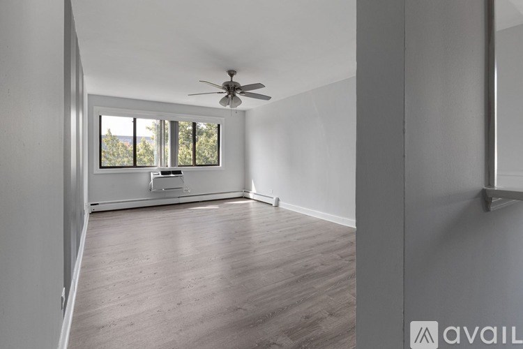A room with a ceiling fan and a window overlooking a tree.