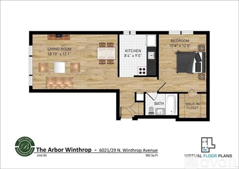 A floor plan of a one bedroom apartment at The Arbor Winthrop.