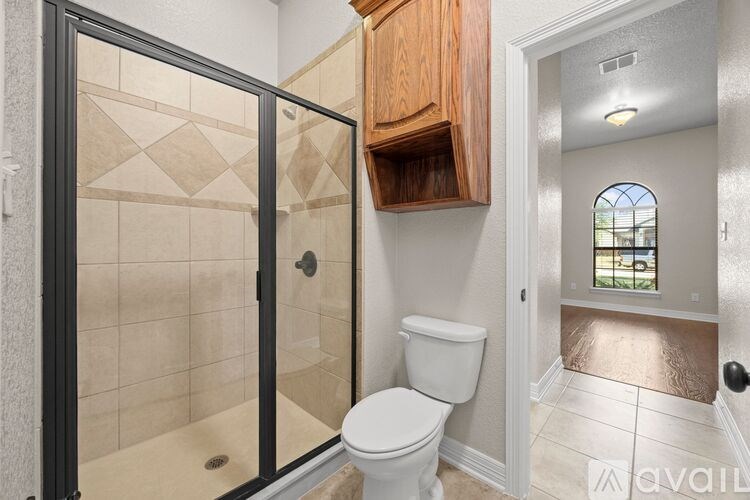 A bathroom with a toilet, a walk-in shower, and a wooden cabinet.