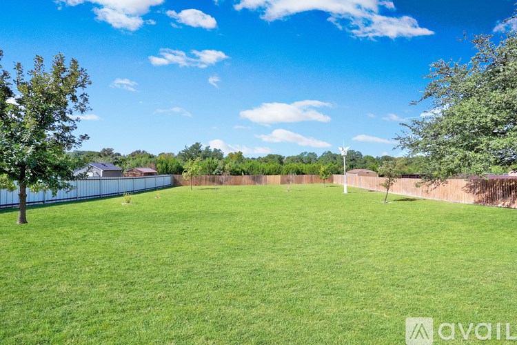 A large, well-maintained lawn with a fence and trees in the distance.