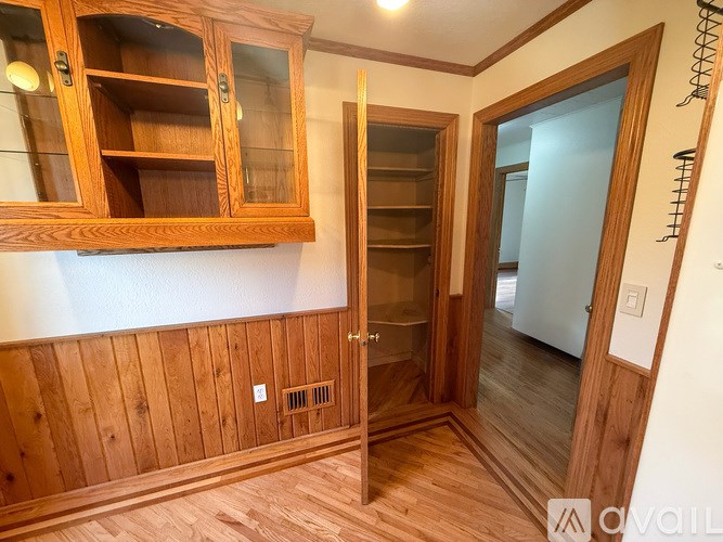 A wooden room with a door and a cabinet.