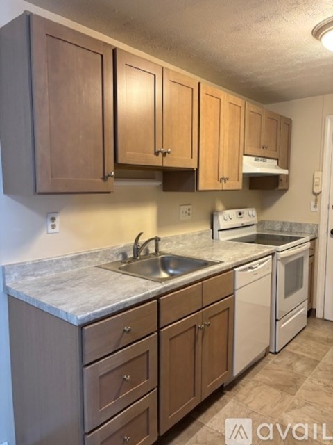A kitchen with wooden cabinets and a white dishwasher.
