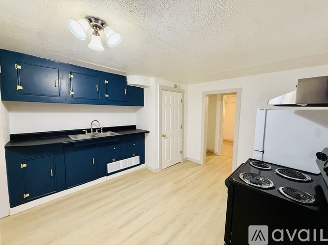 A kitchen with dark blue cabinets and a white door.