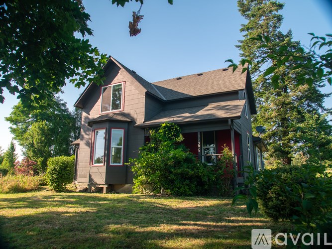 A house with a red door and a window surrounded by greenery.