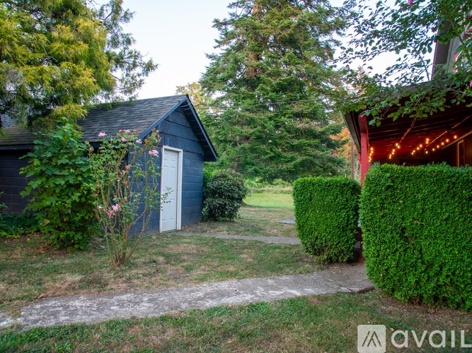 A small blue building with a white door is surrounded by greenery.