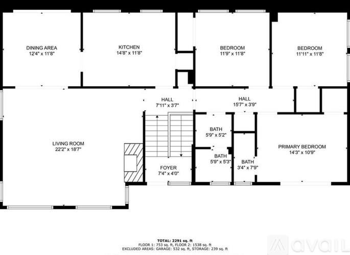 A floor plan of a house with a living room, two bedrooms, a dining area, a kitchen, a hall, a foyer, and a garage.