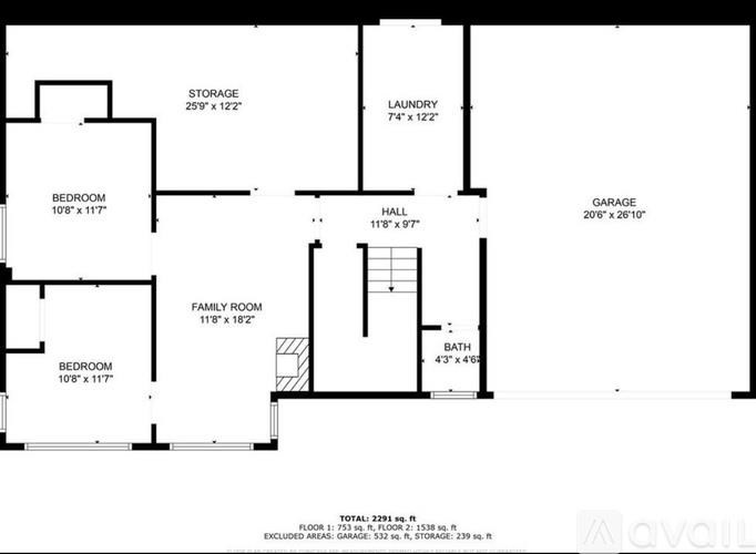 A floor plan of a house with a total area of 291 square meters.
