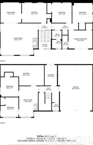 A black and white image of a floor plan for a two-story house.