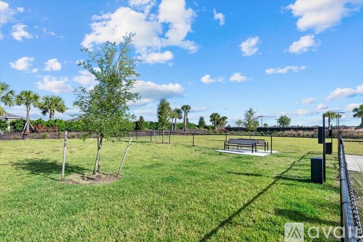 A park with a bench, trees, and a fence.