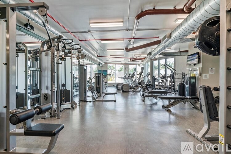 A gym with a variety of equipment including weights and machines.