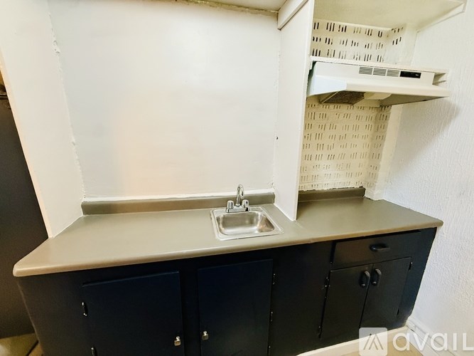 A kitchen with a sink and cabinets under a window.