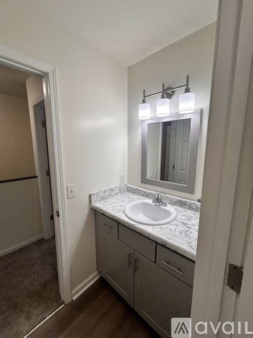 A bathroom with a sink, mirror, and light fixture.