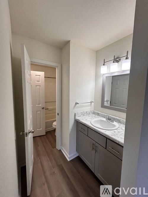 A bathroom with a sink, mirror, and wooden floors.