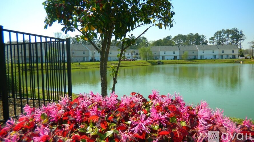 A black fence surrounds a tree and flowers in the foreground.